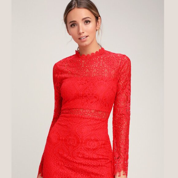 Lulus Red Lace Long Sleeve Bodycon Mini Dress Size Small Stunning Party Look - Picture 17 of 17